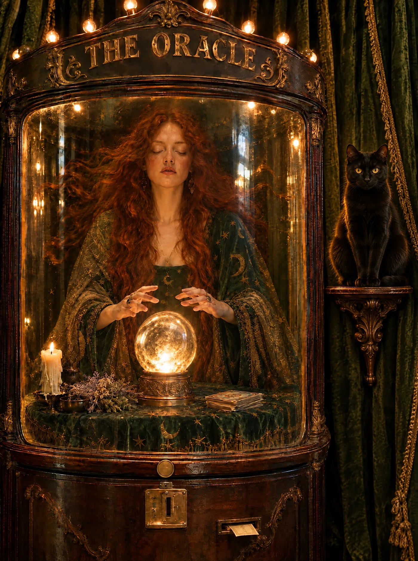 The Oracle: a red-haired mystic inside an antique fortune-teller cabinet, a black cat on a shelf beside it