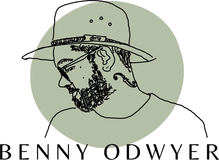 Hand-drawn logo for Benny O'Dwyer: a bearded man in a hat, sketched in ink over a sage circle