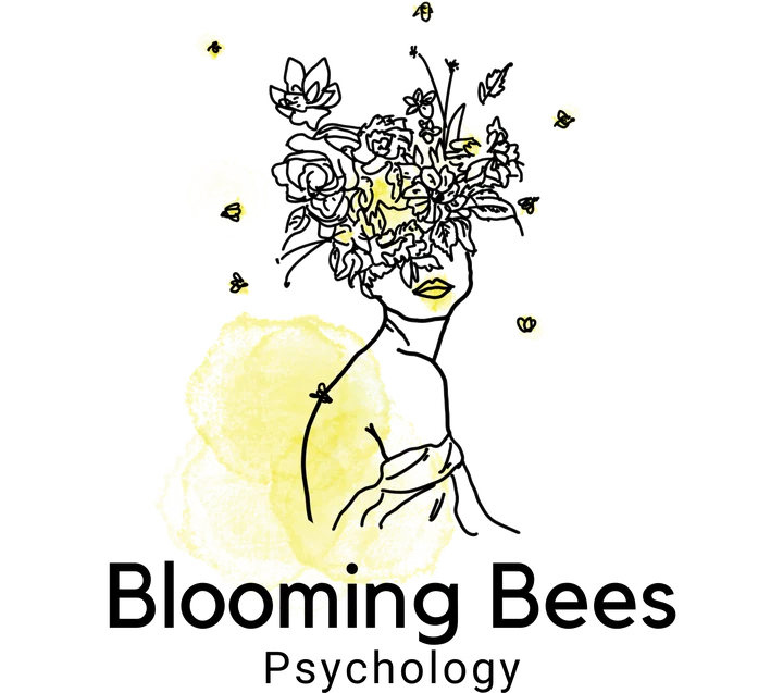Hand-drawn logo for Blooming Bees Psychology: a woman's profile with flowers and bees growing from her head