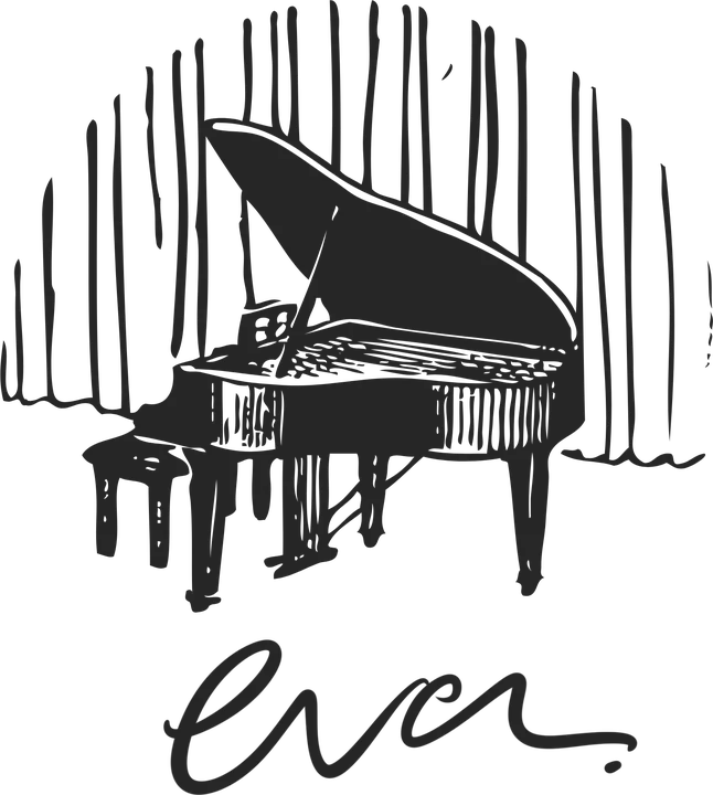 Hand-drawn logo for Eva: a grand piano in white ink beneath a curtain of lines, with a signature