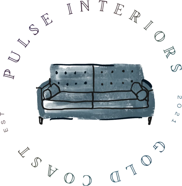 Hand-drawn logo for Pulse Interiors, Gold Coast: an inked sofa inside a ring of lettering